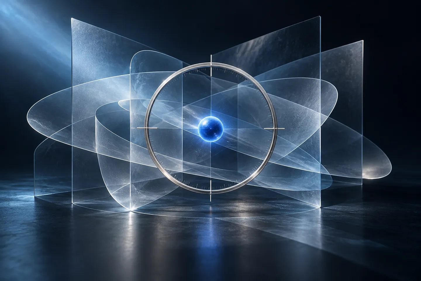 An original abstract illustration of a precise silver measuring ring around a small blue point, with layered translucent planes suggesting uncertainty rather than a score chart.