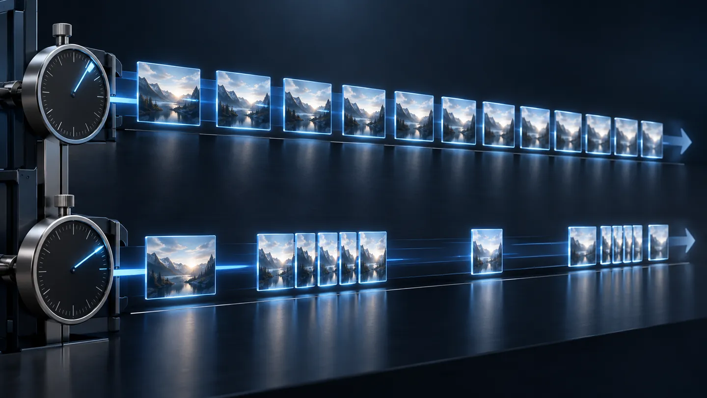 Conceptual illustration comparing a regular row of luminous frames with a second row containing gaps and clusters; no measured FPS values are shown.