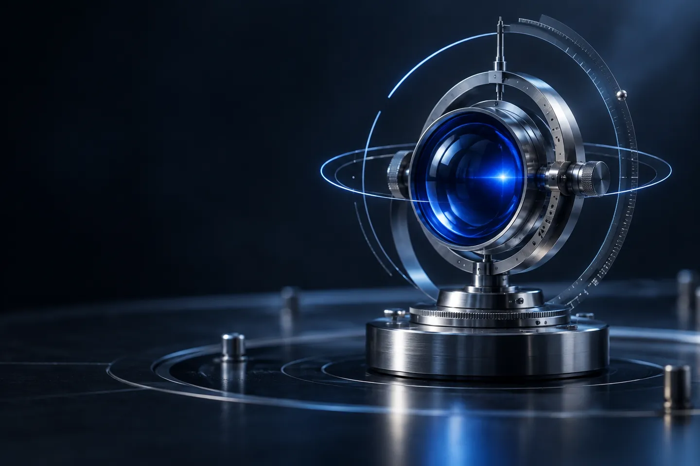 An original editorial illustration of a precision optical research instrument inspecting a small blue light, with no chart or numerical result implied.