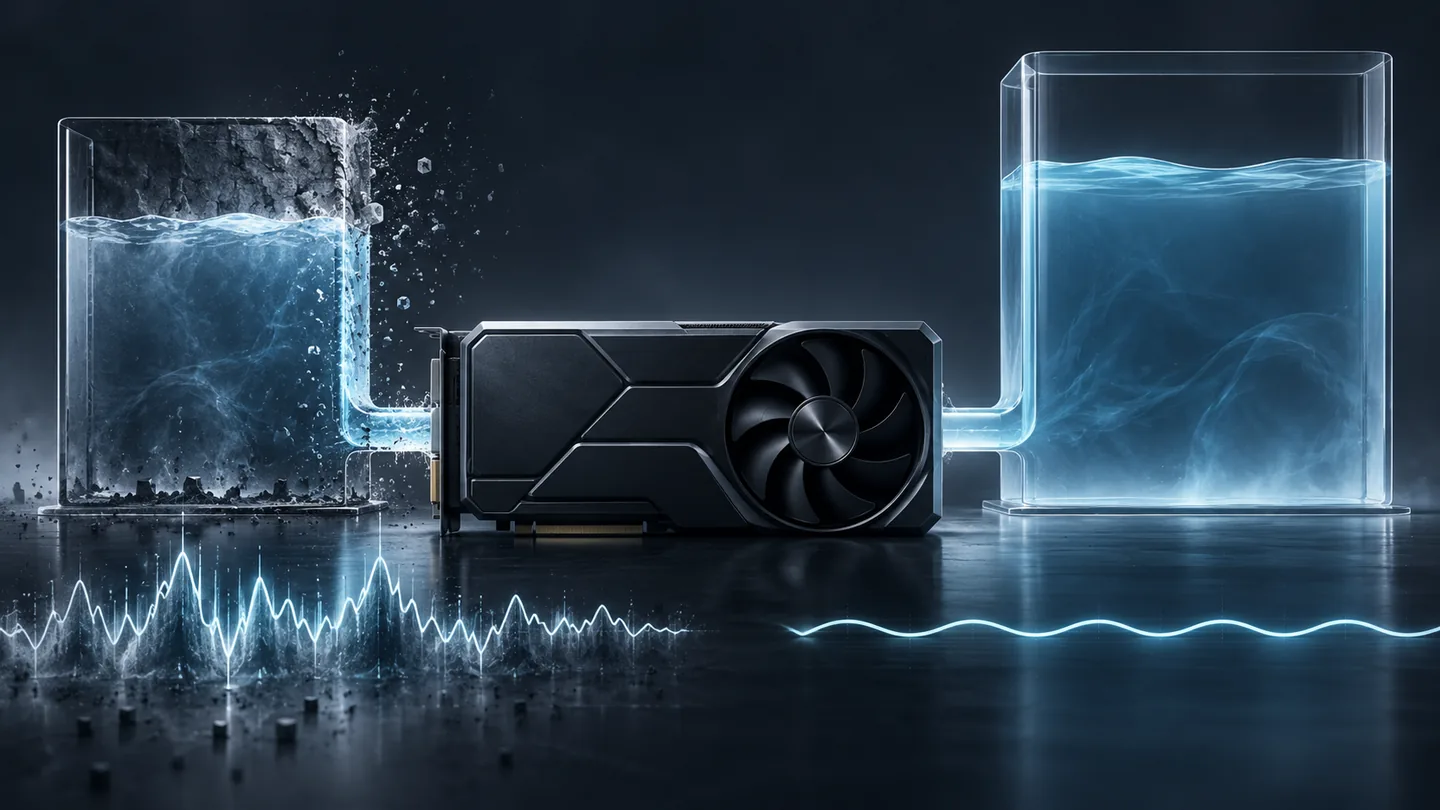 Conceptual illustration of a GPU between a constrained and a roomier memory reservoir, with abstract smooth and uneven waveforms; no benchmark values are shown.