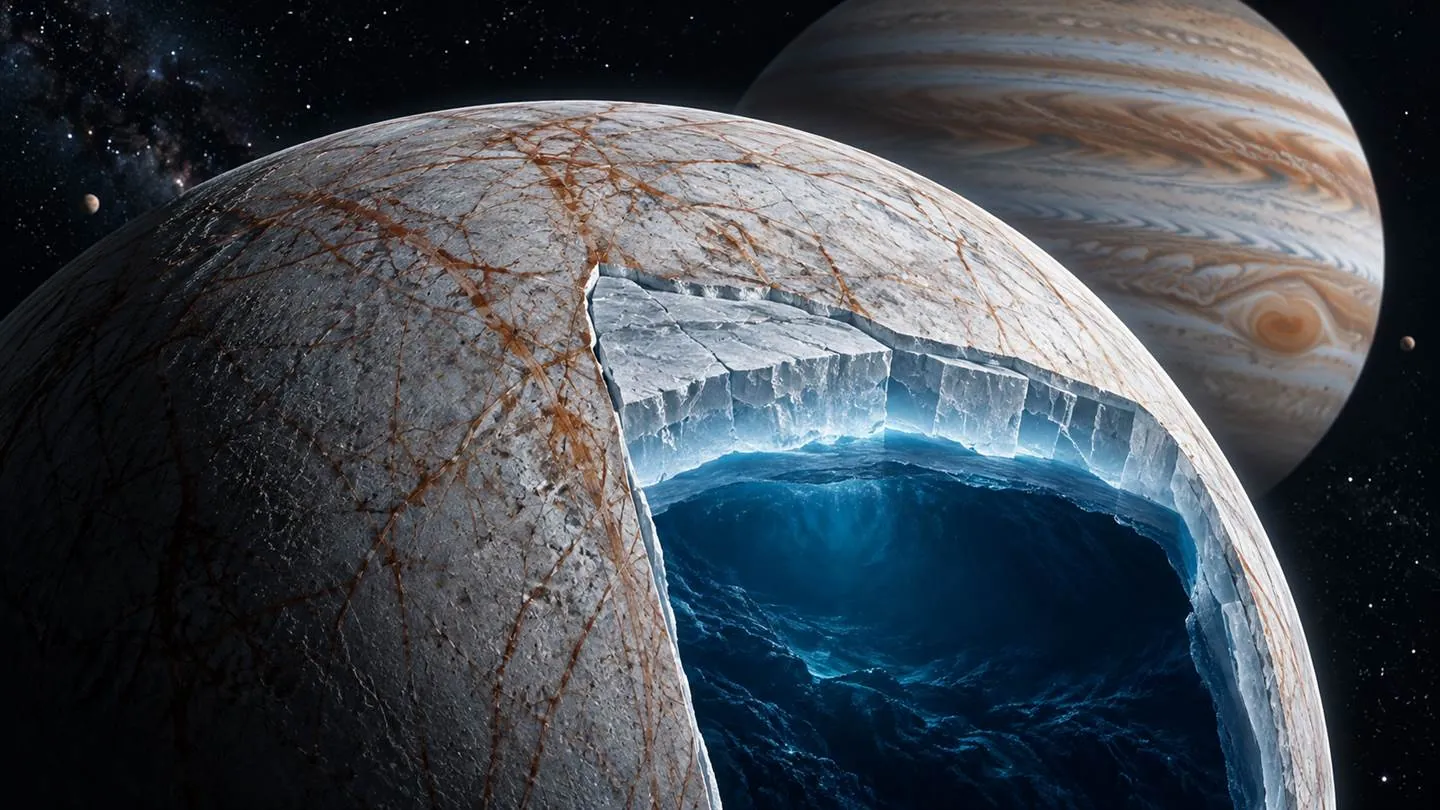 An artistic cutaway of Europa’s cracked ice shell above a dark blue subsurface ocean, with Jupiter in the distance.