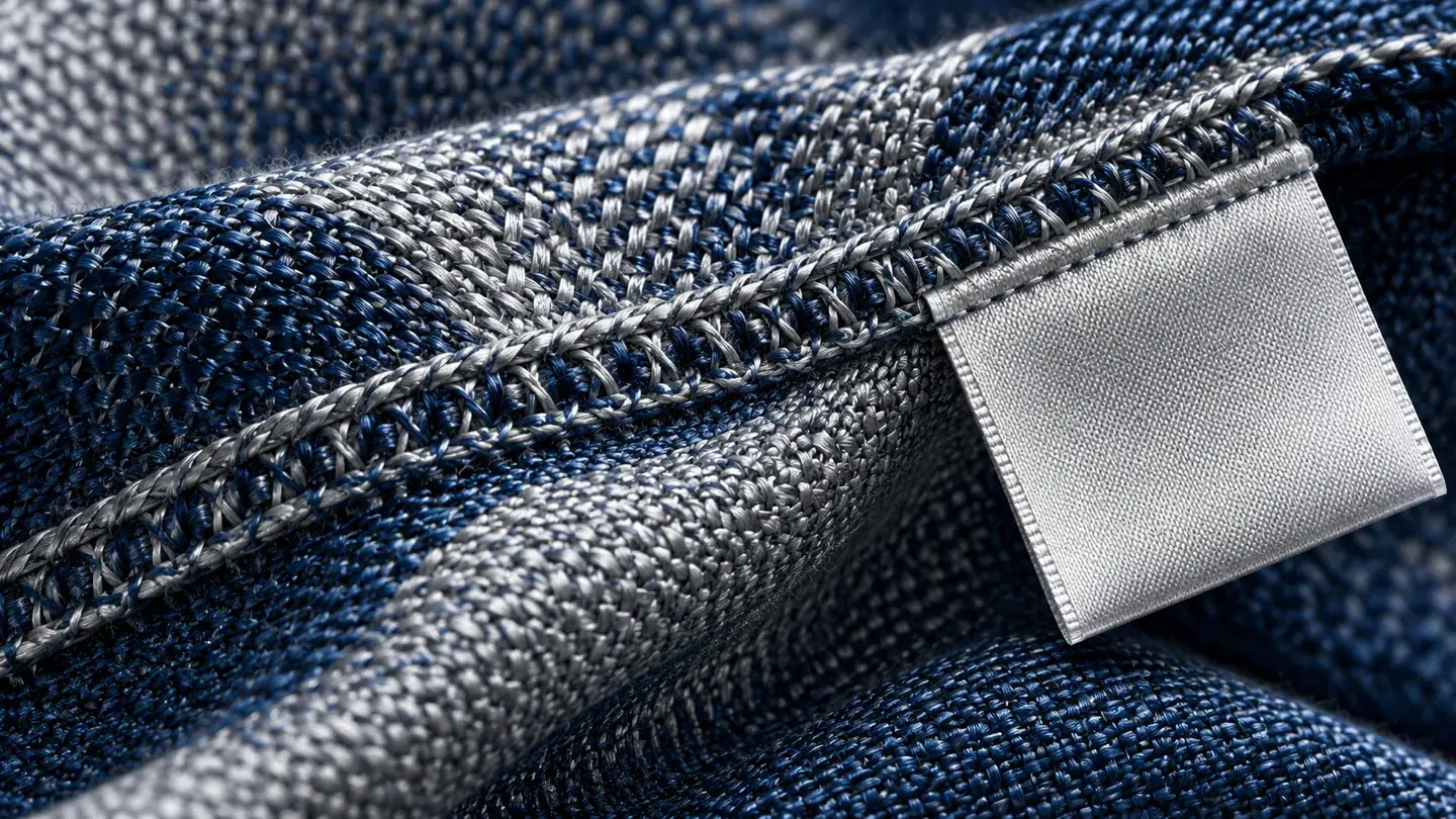Close editorial illustration of interwoven navy and silver fabric, a stitched seam and a blank composition label, emphasizing construction rather than a fibre ranking.