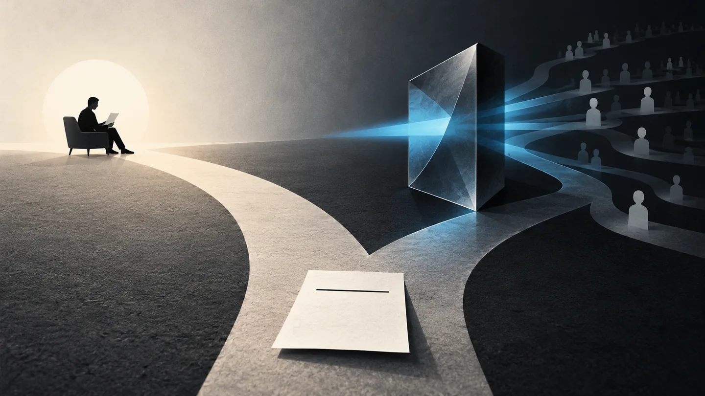 Conceptual monochrome illustration of a small published page before a branching blue-lit ranking prism that directs content toward different readers.