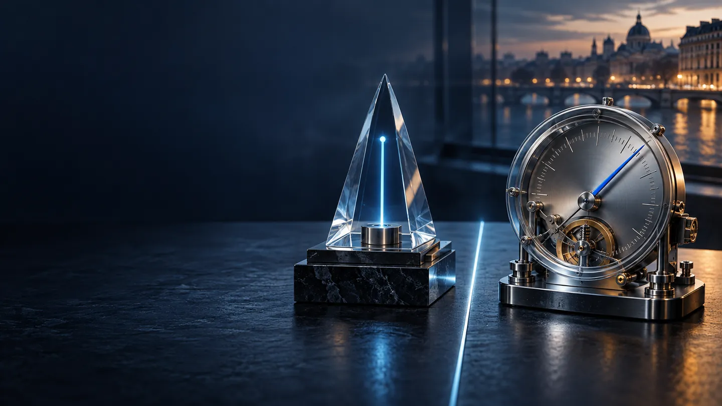 Conceptual illustration of two separate financial instruments: a steady blue rating prism and a silver yield dial with a cobalt pointer; no market data or rating scale is shown.