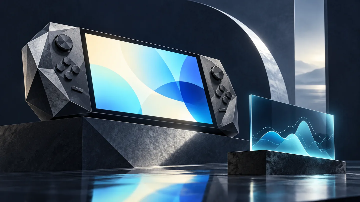 Conceptual, unbranded gaming-handheld illustration with a luminous display and a separate abstract test panel; it is not an official product image or benchmark chart.