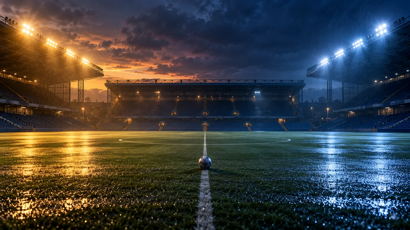 Conceptual illustration of an empty unbranded football ground at dusk, with a ball on the halfway line between warm and cool floodlight reflections; it does not depict the match.