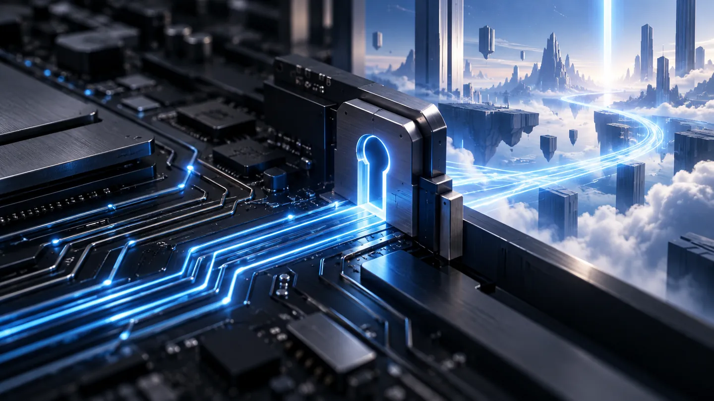Conceptual illustration of a generic motherboard path passing through a blue security gate into an abstract game-like landscape; it is not a game screenshot or product image.