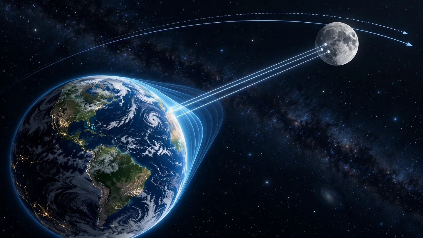 Scientific illustration of Earth and Moon joined by laser-ranging beams and a gently widening orbital arc; the geometry is conceptual and not to scale.