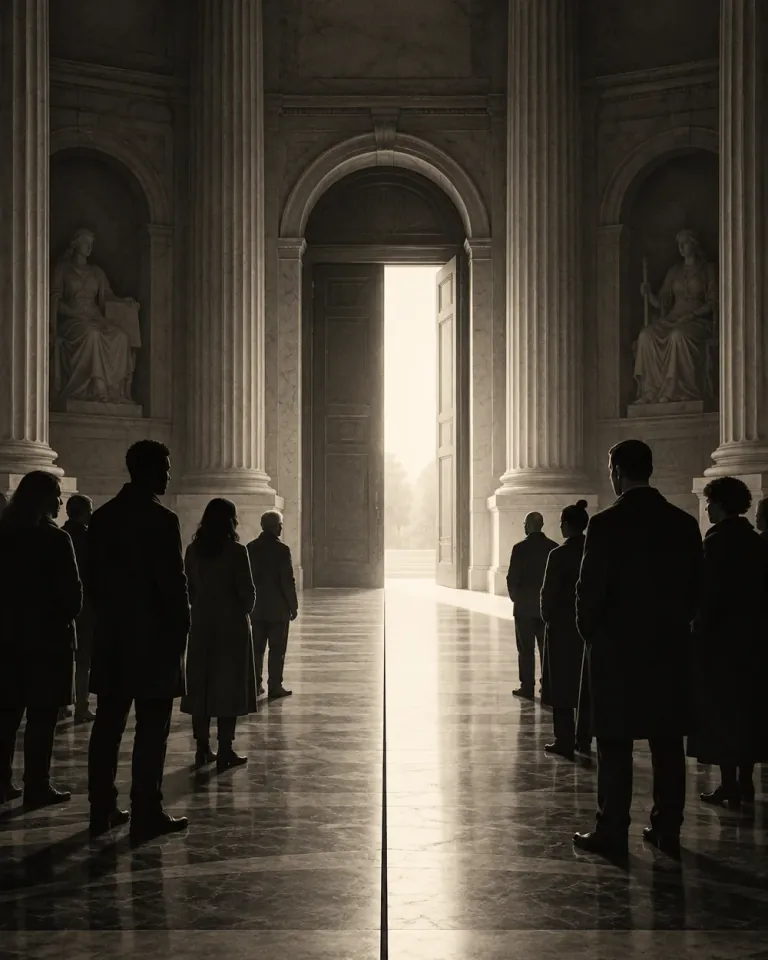 An original monochrome illustration of two groups facing a bright open doorway across a line in a civic hall, suggesting a shared political community despite disagreement.