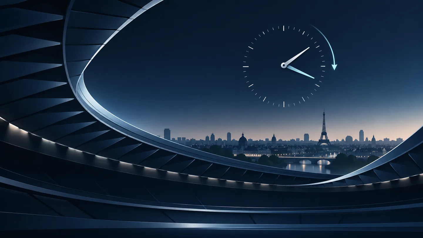 Conceptual editorial illustration of an unbranded stadium roof, a shifted clock motif and a simplified Paris skyline; it does not depict the match or a real venue.