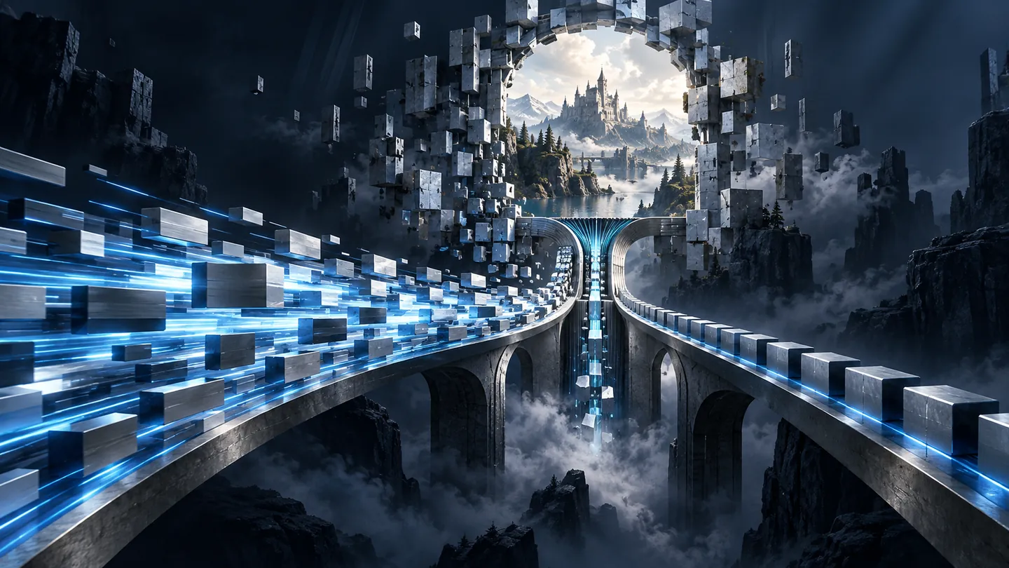 Conceptual illustration of two abstract data paths feeding a game-like scene, one meeting a narrow processing bottleneck; it is not a benchmark chart or measured result.