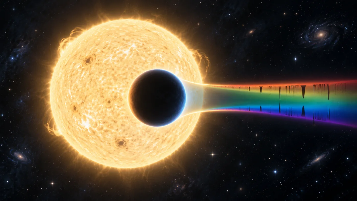 Artistic visualization of a dark exoplanet crossing a bright star as a thin colored spectrum extends beyond it; the spectrum is conceptual, not observational data.